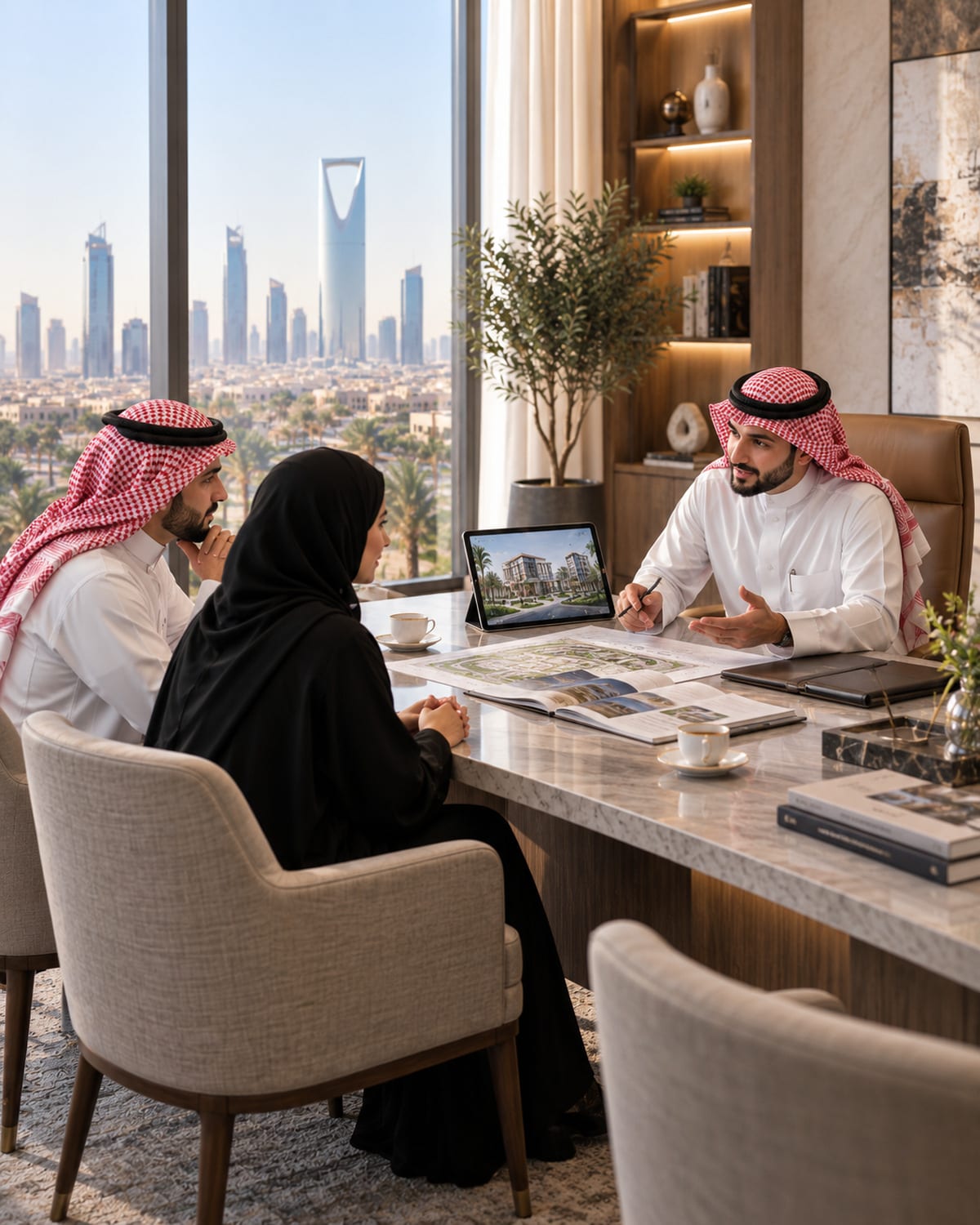 فريق الياف الأولى العقارية يشرح خيارات مشروع سكني لعميلين في مكتب بالرياض