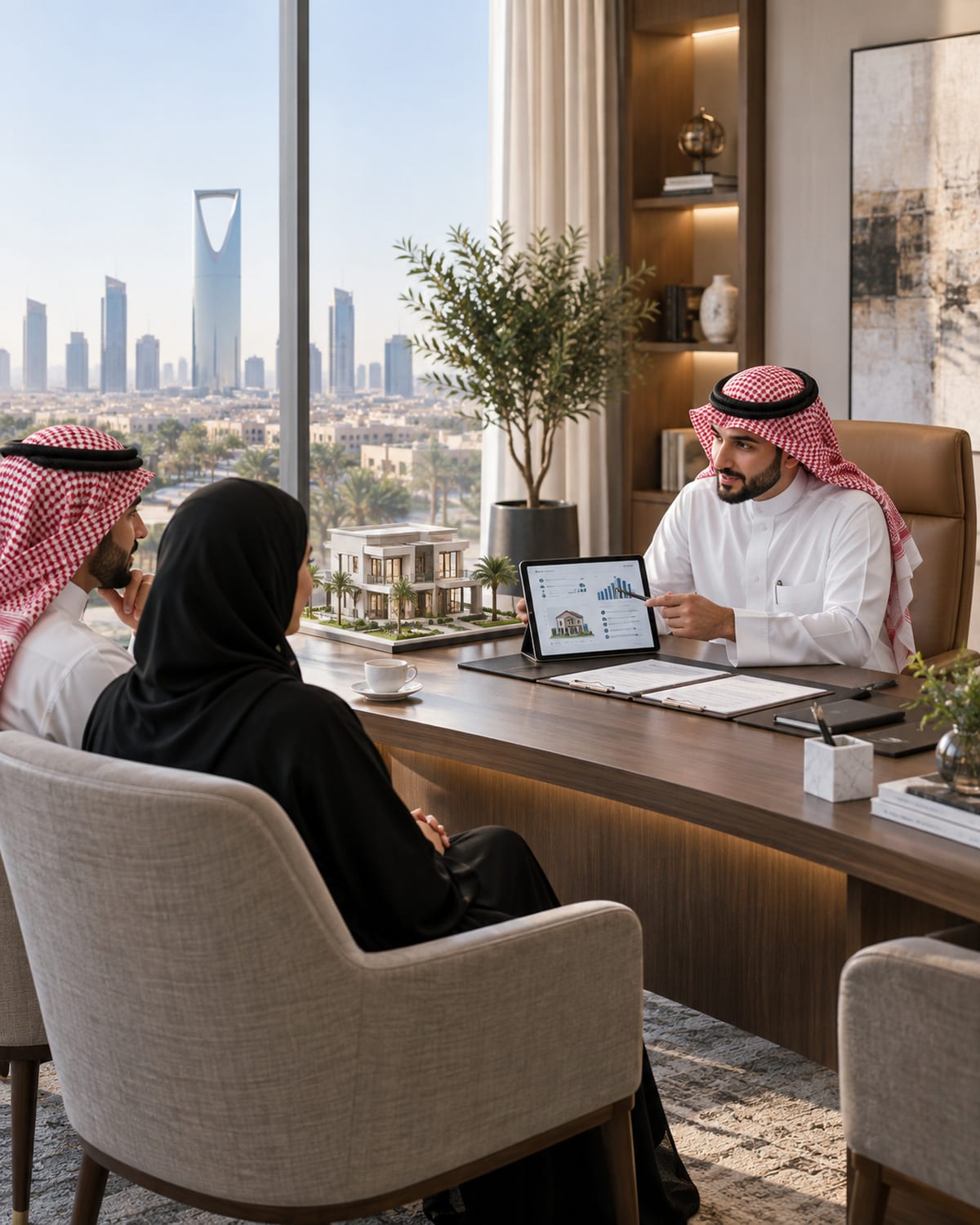 مستشار تمويل عقاري يشرح خيارات التمويل لعميلين في مكتب حديث بالرياض