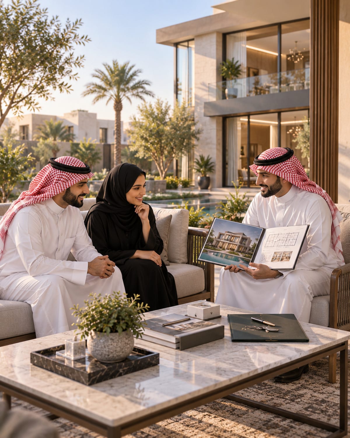 وسيط عقاري يعرض كتيّب فيلا ومخططاتها على عميلين أمام منزل حديث